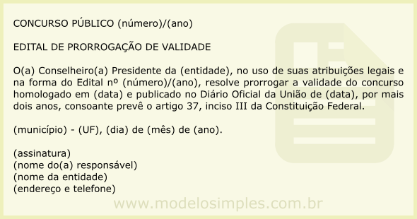 Modelo de Edital de Prorrogação de Validade de Concurso Público