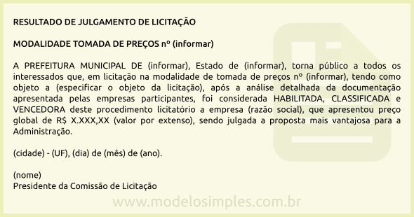 Modelo de Edital de Resultado de Julgamento de Licitação