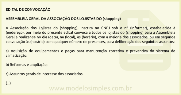 Modelo de Edital para Assembleia da Associação dos Lojistas do Shopping