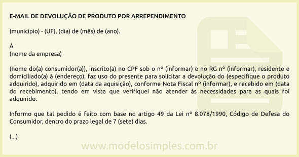 Modelo de Email de Devolução de Produto por Arrependimento