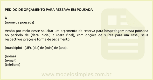 Modelo de Email de Pedido de Orçamento para Reserva em Pousada