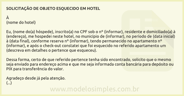 Modelo de Email de Solicitação de Objeto Esquecido no Hotel