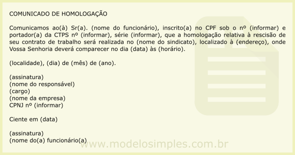 Modelo de Encaminhamento para Homologação da Rescisão do Contrato de Trabalho