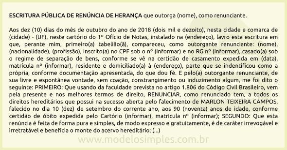 Modelo de Escritura Pública de Renúncia de Herança