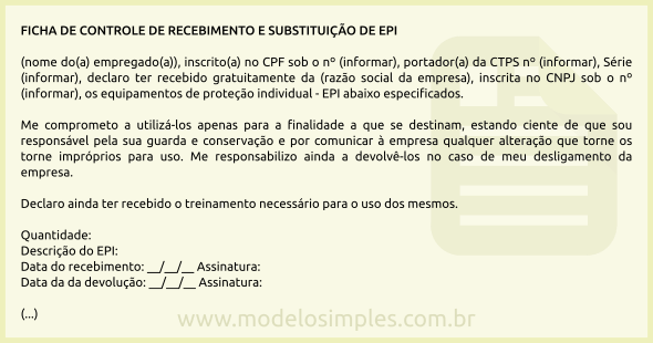 Modelo de Ficha de Controle de Recebimento e Substituição de EPI