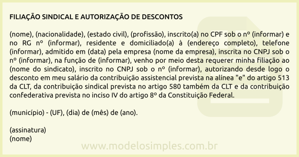 Modelo de Ficha de Filiação Sindical e Autorização para Descontos