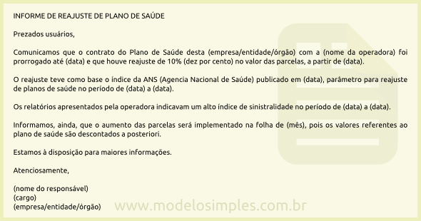 Modelo de Informe de Reajuste de Plano de Saúde