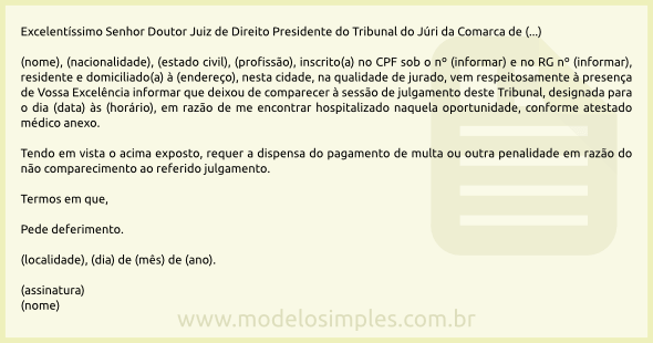 Modelo de Justificativa de Ausência de Jurado ao Tribunal do Júri