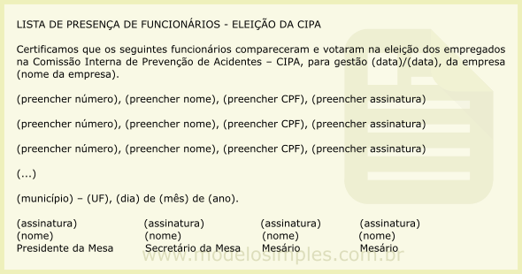 Modelo de Lista de Presença de Funcionários na Eleição da CIPA