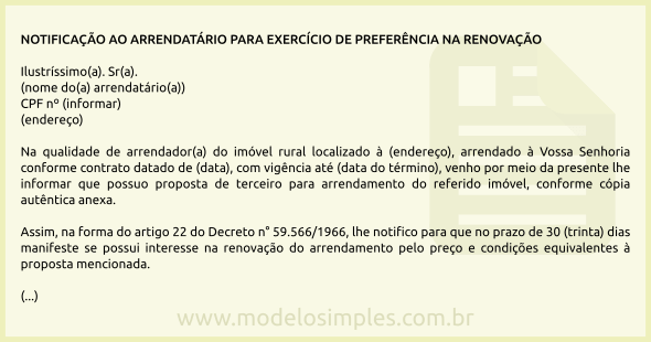 Modelo de Notificação ao Arrendatário para Preferência na Renovação