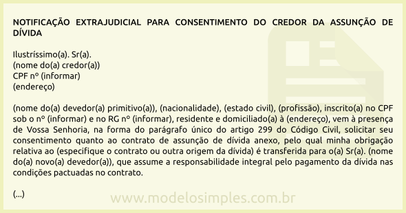 Modelo de Notificação ao Credor para Consentimento da Assunção de Dívida