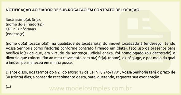 Modelo de Notificação ao Fiador da Sub-Rogação no Contrato de Locação