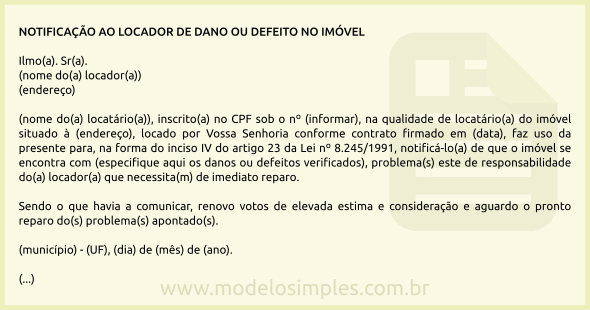 Modelo de Notificação ao Locador de Dano ou Defeito no Imóvel