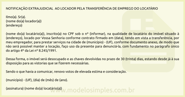 Modelo de Notificação ao Locador pela Transferência de Emprego do Locatário