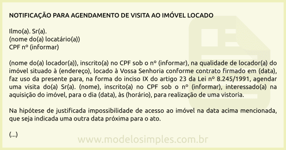 Modelo de Notificação ao Locatário para Agendamento de Visita do Imóvel