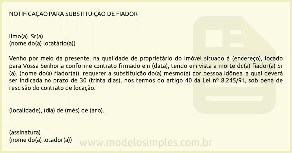 Modelo de Notificação ao Locatário para Substituir o Fiador