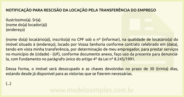 Modelo de Notificação da Rescisão da Locação pela Transferência de Emprego