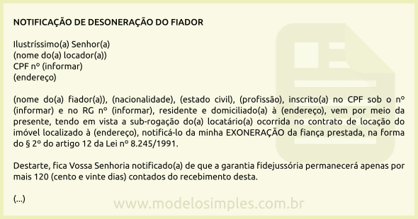 Modelo de Notificação de Exoneração do Fiador pela Sub-rogação na Locação