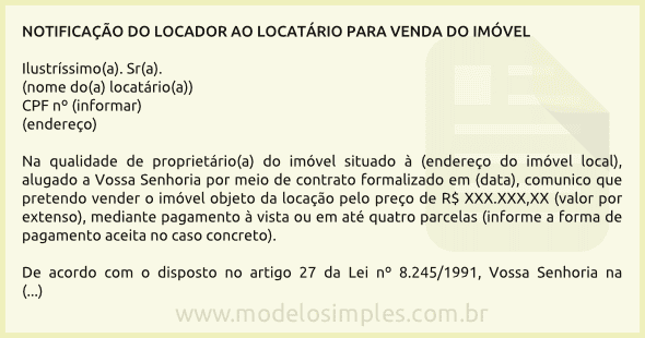 Modelo de Notificação de Venda do Imóvel Locado