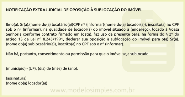 Modelo de Notificação do Locador Manifestando Oposição à Sublocação