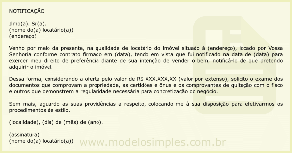 Modelo de Notificação do Locatário ao Locador para 