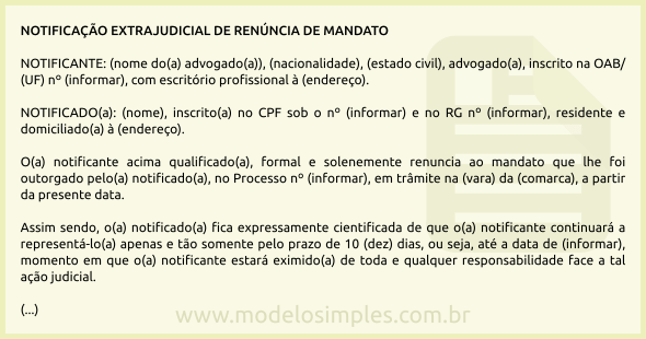 Modelo de Notificação Extrajudicial de Renúncia de Mandato de Advogado