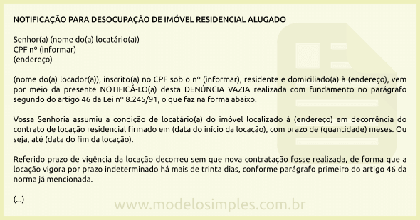 Modelo de Notificação para Desocupação de Imóvel Residencial Alugado