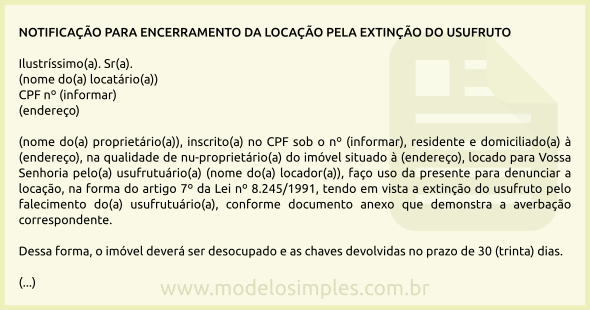 Modelo de Notificação para Encerramento da Locação pela Extinção do Usufruto