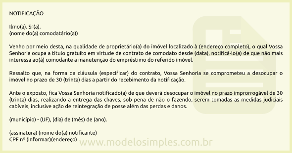 Modelo de Notificação para Encerramento do Contrato de Comodato