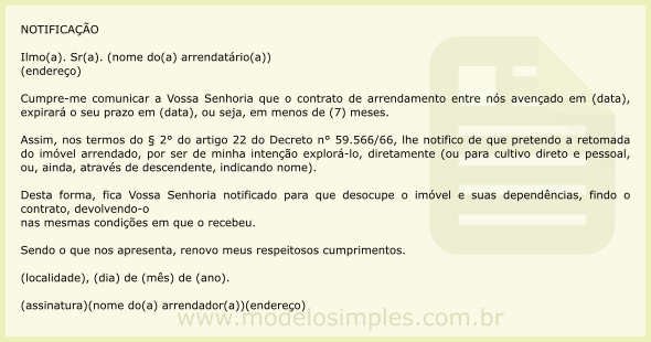 Modelo de Notificação para Não Renovação de Arrendamento