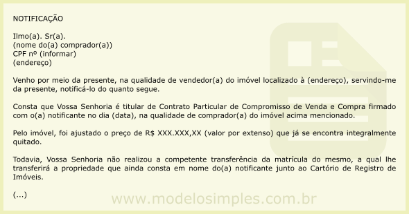 Modelo de Notificação Para o Comprador Transferir a Matrícula do Imóvel