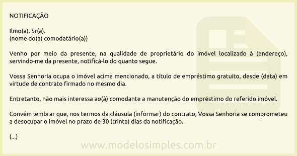 Modelo de Notificação para que o Comodatário Entregue o Imóvel