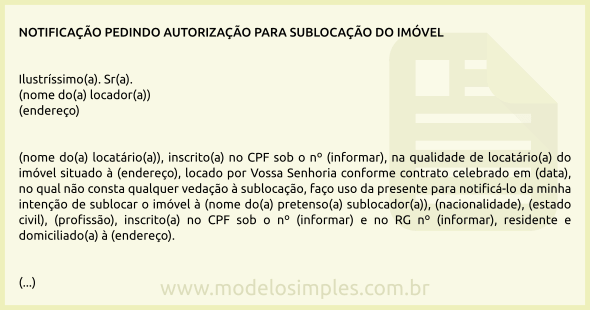 Modelo de Notificação Pedindo Autorização para Sublocação do Imóvel