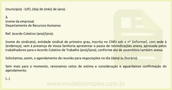 Modelo de Ofício de Apresentação de Pauta de Reivindicações para Acordo Coletivo