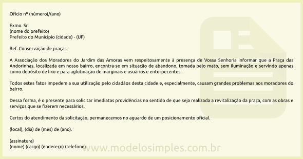 Modelo de Ofício de Solicitação de Conservação de Praça 