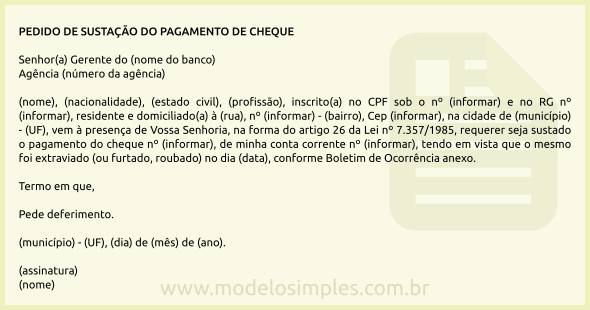 Modelo de Pedido ao Banco para Sustar um Cheque