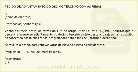 Modelo de Pedido de Adiantamento do Décimo Terceiro com as Férias