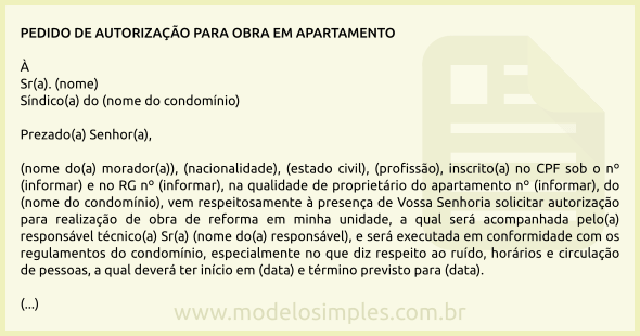 Modelo de Pedido de Autorização para Obra em Apartamento