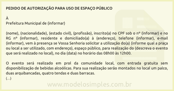 Modelo de Pedido de Autorização para Uso de Espaço Público