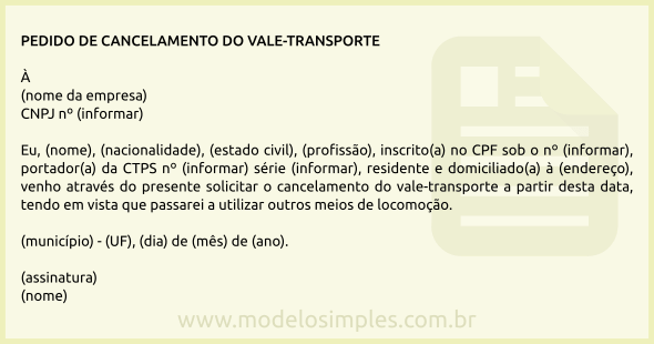 Modelo de Pedido de Cancelamento do Vale-Transporte