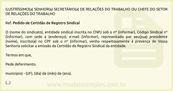 Modelo de Pedido de Certidão de Registro Sindical