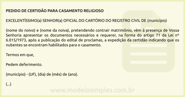 Modelo de Pedido de Certidão para Casamento Religioso