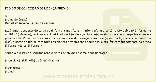 Modelo de Pedido de Concessão de Licença-Prêmio