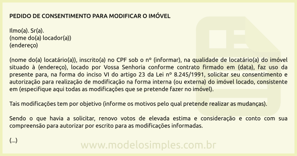 Modelo de Pedido de Consentimento do Locador para Modificar o Imóvel