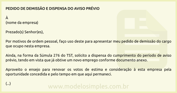 Modelo de Pedido de Demissão e Dispensa do Aviso Prévio