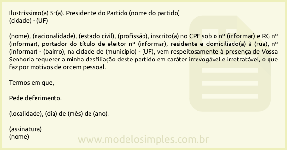 Modelo de Pedido de Desfiliação Partidária