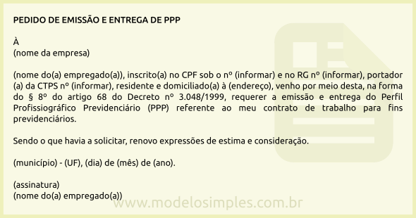 Modelo de Pedido de Emissão e Entrega do PPP