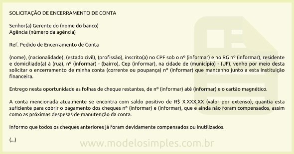 Modelo de Pedido de Encerramento de Conta Bancária