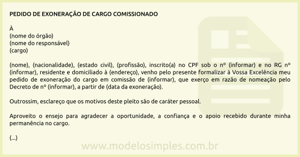 Modelo de Pedido de Exoneração de Cargo Comissionado