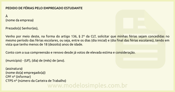 Modelo de Pedido de Férias pelo Empregado Estudante